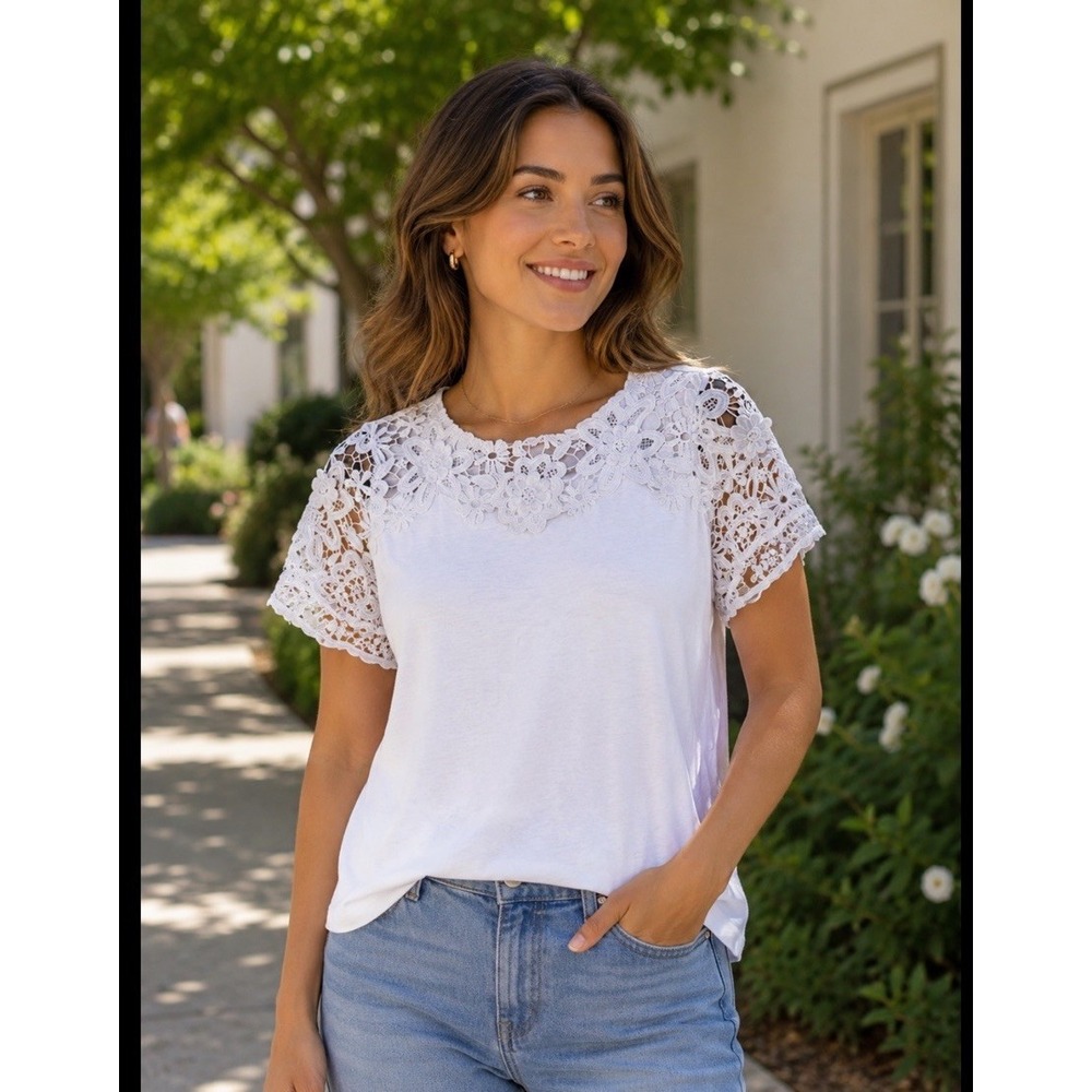 Charter Club XL P Short Sleeve‎ Crochet Trim Top Shirt White Lace Trim Cotton